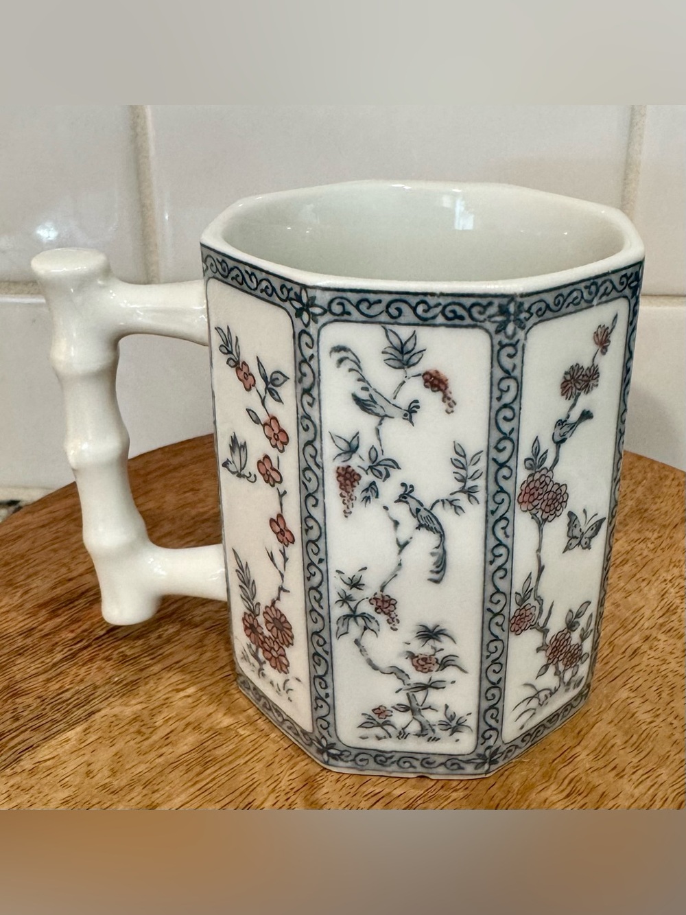 White Asian Inspired Porcelain Octagonal Floral Mug with Bird Details